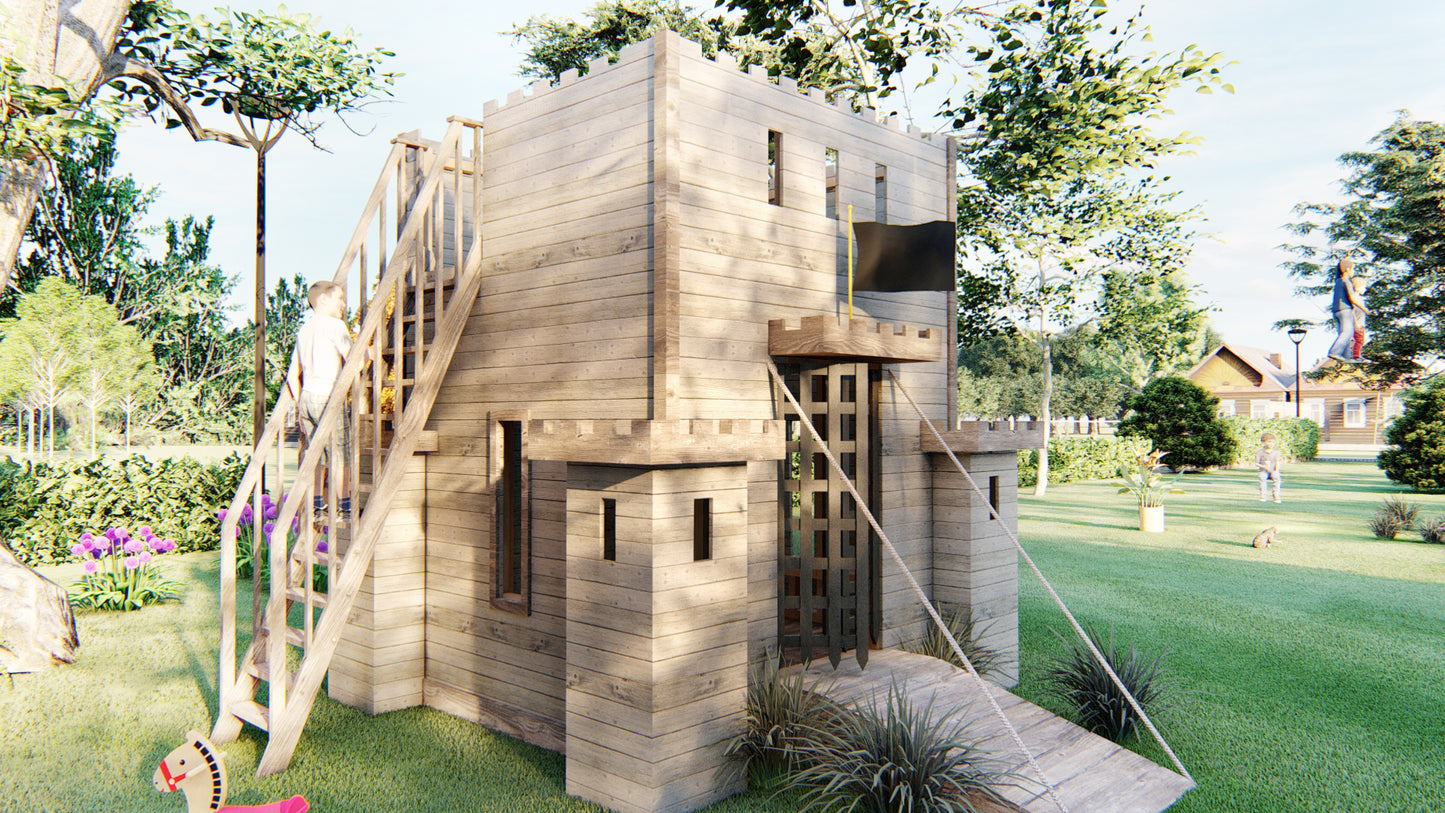 Fortress Playhouse Plans - Conquer the Exterior Ladder to the Rooftop Sun Deck! - (digital download)